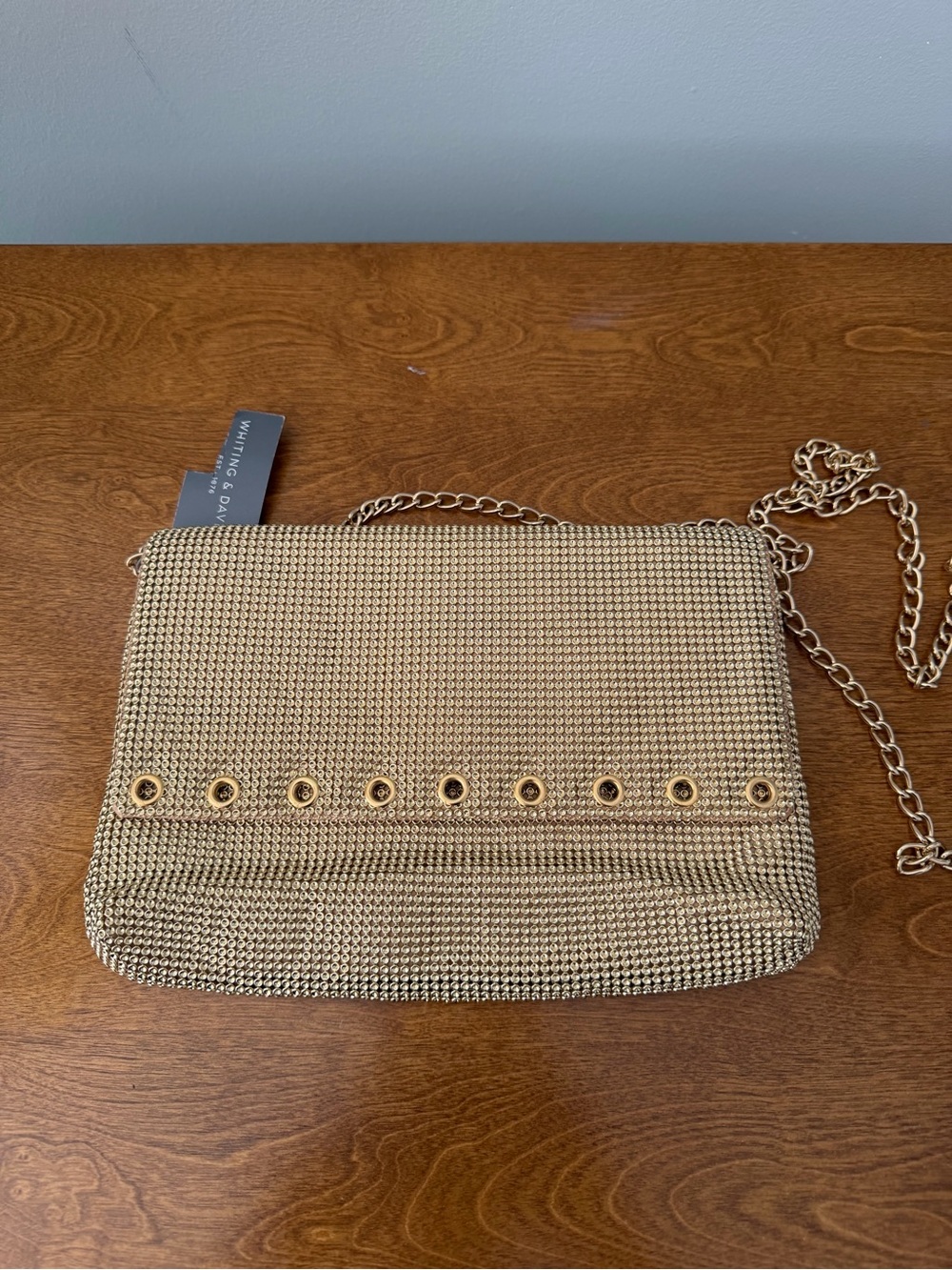 Whiting & Davis Gold Tone Metal Mesh Crossbody Clutch Evening Bag NWT